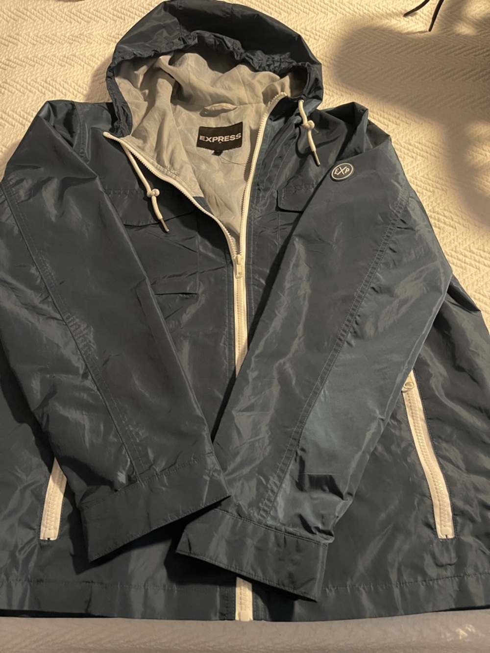 Express Men's Navy Windbreaker with white Trim and Hood